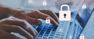 person typing on keyboard with padlocks as dots on connections meant to depict internet connections and Modern Learners Commitment to your privacy