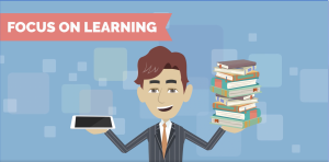 static thumbnail with a man holding an iPad and books with words that say focus on learning